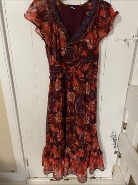 Old Navy Burgundy Floral Maxi Dress with Rust and Coral Accents